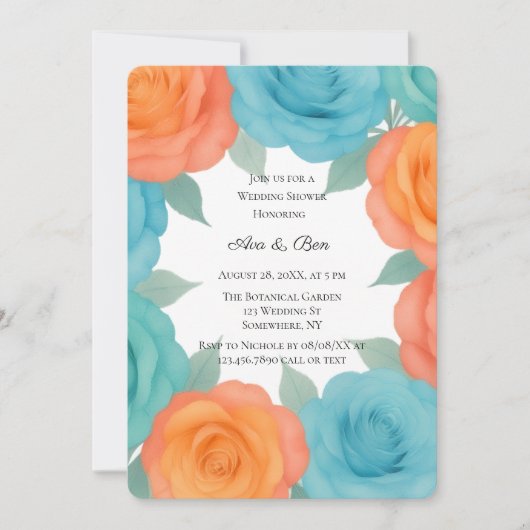 Watercolor Orange and Teal Roses Wedding Shower 招待状 (正面)