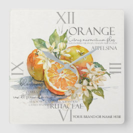 Watercolor Orange Citrus Fruit With Blossoms スクエア壁時計
