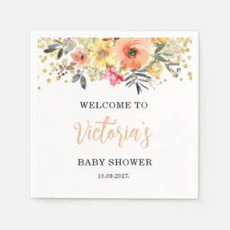 Watercolor Orange Floral Baby Shower スタンダードカクテルナプキン
