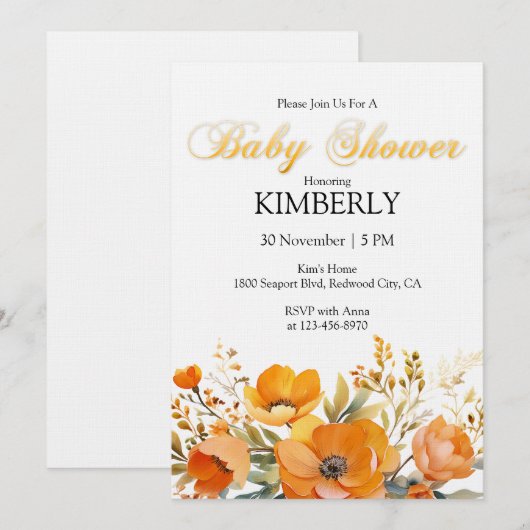 Watercolor Orange Poppies 招待状 (正面/裏面)