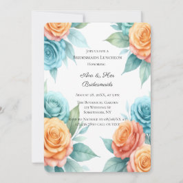 Watercolor Orange & Teal Roses Bridesmaids Lunch 招待状