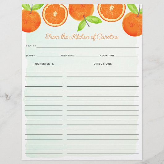 Watercolor Oranges Double Recipe Binder Insert (正面)