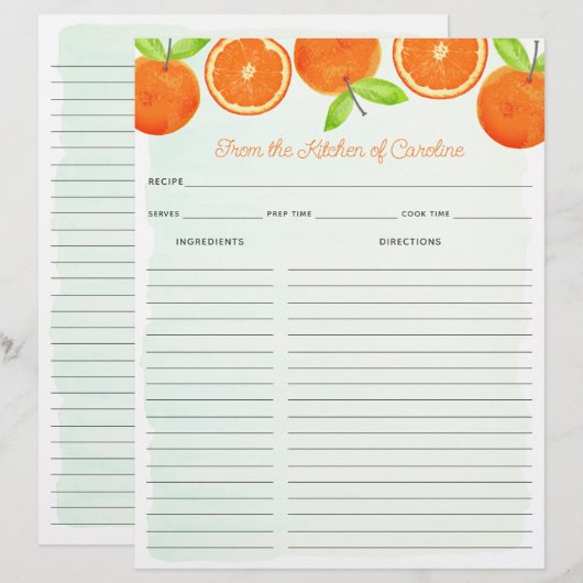Watercolor Oranges Fruit Recipe Card Binder Insert (正面/裏面)
