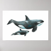 Watercolor Orca Mother and Baby Poster