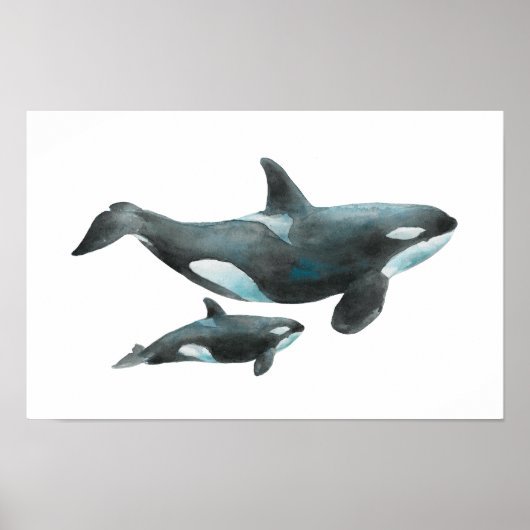 Watercolor Orca Mother and Baby Poster ポスター (正面)