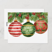Watercolor Ornaments Pine Boughs Christmas シーズンカード (正面/裏面)