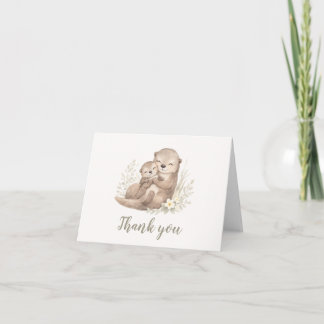 Watercolor Otter Family Botanical Baby Shower サンキューカード