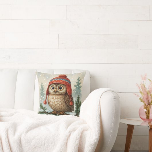 Watercolor Owl In a Winter Cap クッション (ソファ)