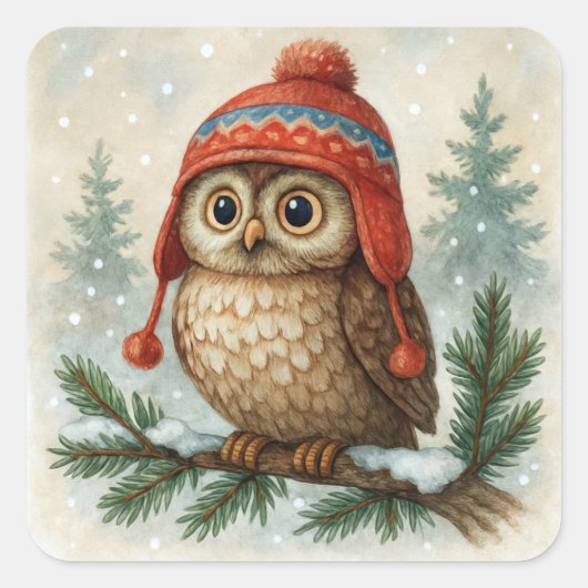Watercolor Owl In a Winter Cap スクエアシール (正面)