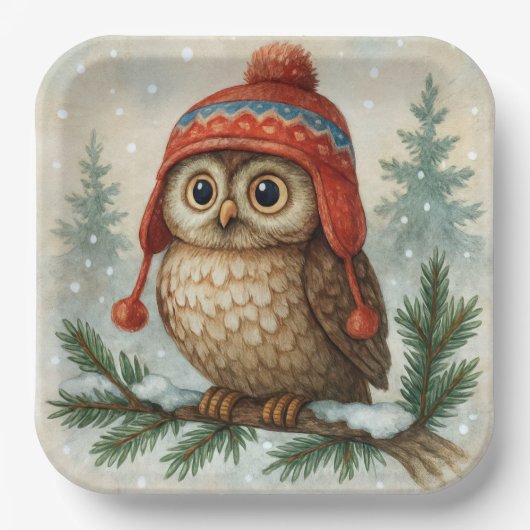 Watercolor Owl In a Winter Cap ペーパープレート (正面)