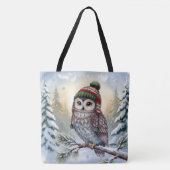 Watercolor Owl In a Winter Hat トートバッグ (正面)