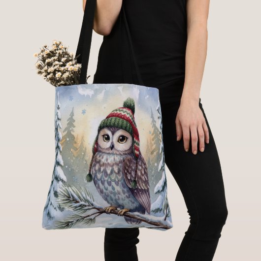 Watercolor Owl In a Winter Hat トートバッグ (クローズアップ)