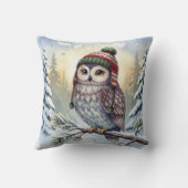 Watercolor Owl In Winter Hat クッション (裏面)