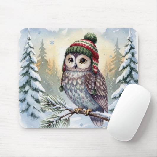 Watercolor Owl In Winter Hat マウスパッド (マウス)