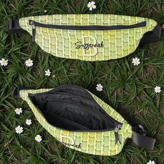 Watercolor Owl Pattern with Initial Monogram ファニーパック