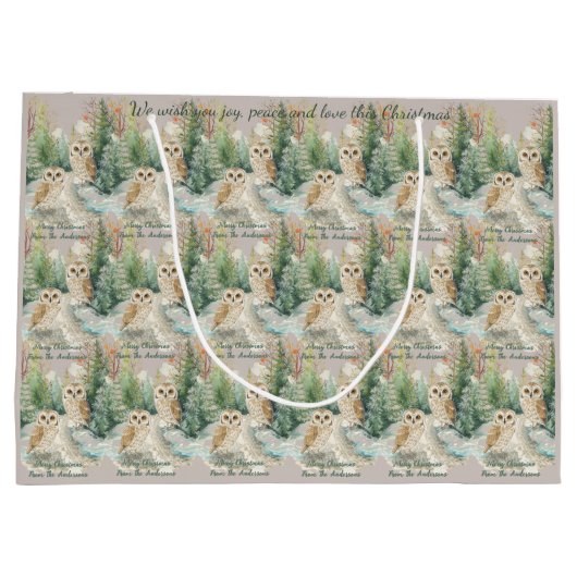 Watercolor Owls in Snowy Pines Christmas Gift Bag ラージペーパーバッグ (裏面)