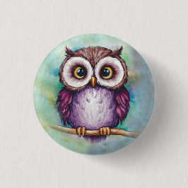 Watercolor painted cute owl 缶バッジ