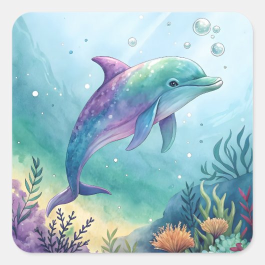 Watercolor painted dolphin スクエアシール (正面)