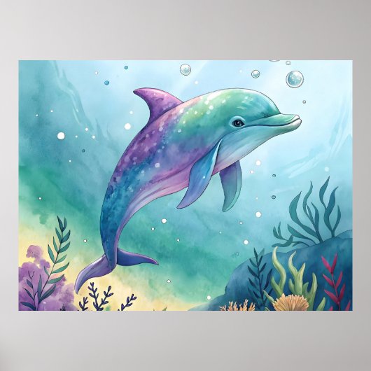 Watercolor painted dolphin ポスター (正面)