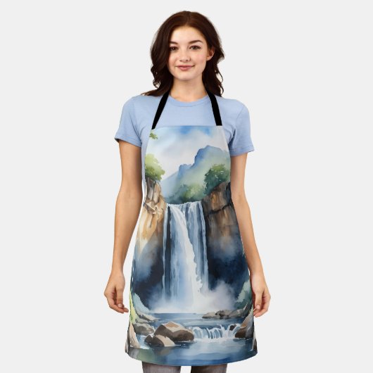 Watercolor painted waterfall エプロン (着用した状態)