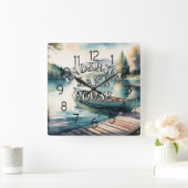 Watercolor Painting Canoe Lake Dock Mountain スクエア壁時計 (ホーム)