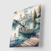 Watercolor Painting Canoe Lake Dock Mountain スクエア壁時計 (傾斜)