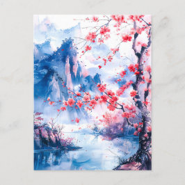 Watercolor painting chinese mountain sakura ポストカード