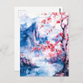 Watercolor painting chinese mountain sakura ポストカード (正面/裏面)