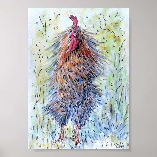 Watercolor Painting Fun Rooster ポスター (正面)