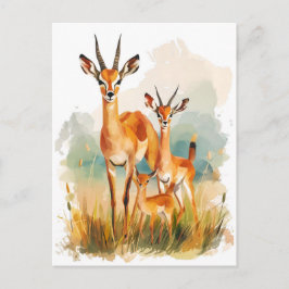 Watercolor painting of antelope family in the gras シーズンポストカード