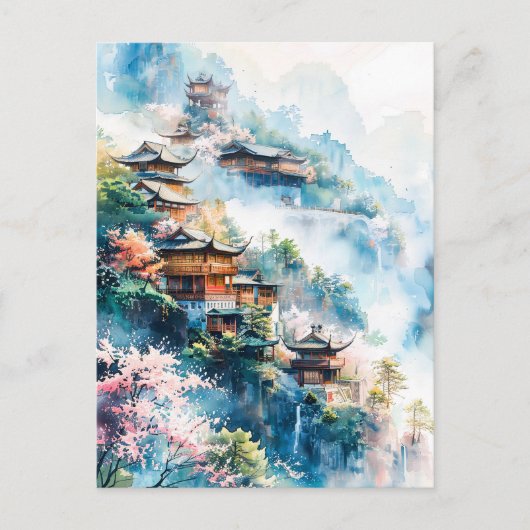 Watercolor painting of Chinese temples ポストカード (正面)