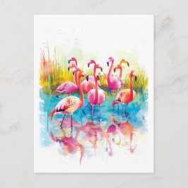 Watercolor painting of flamingos in a pond シーズンポストカード