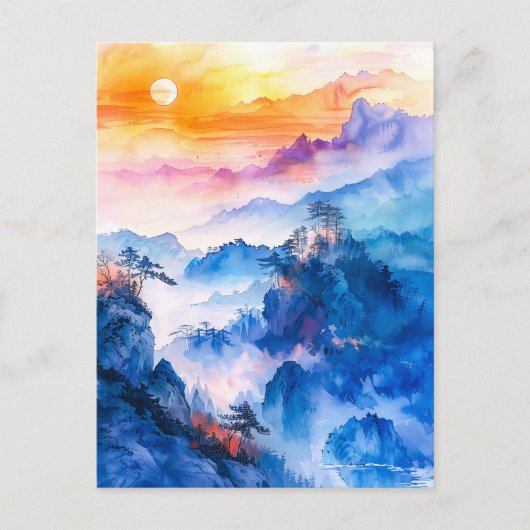 Watercolor painting of sundown chinese mountain ポストカード (正面)
