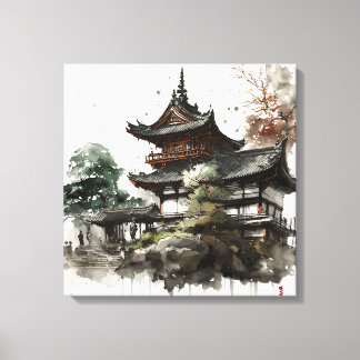 Watercolor painting style of a japanese temple キャンバスプリント