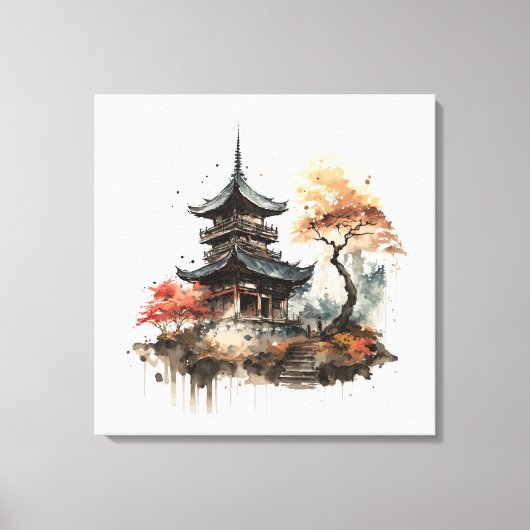 Watercolor painting style of a japanese temple キャンバスプリント (正面)
