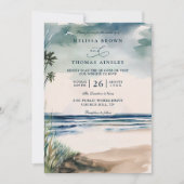 Watercolor Palm And Beach Grass QR Code Wedding 招待状 (正面)
