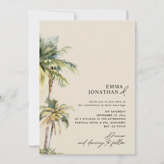 Watercolor Palm Tree Destination coastal Wedding  招待状 (正面)