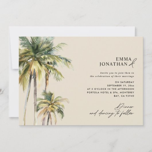 Watercolor Palm Tree Destination coastal Wedding  招待状 (正面)