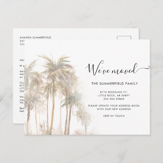Watercolor Palm Trees Coastal Moving 案内ポストカード (正面/裏面)