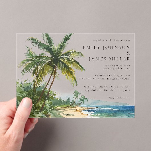Watercolor Palm Trees Tropical Beach Wedding アクリル招待状 (インサイチュ (ポータブル))