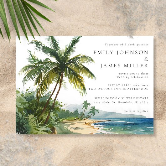 Watercolor Palm Trees Tropical Beach Wedding 招待状