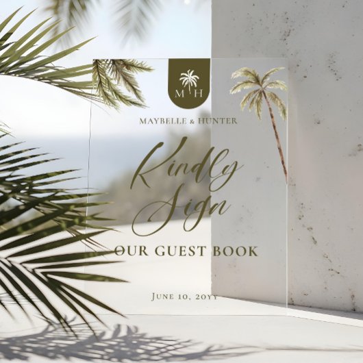 Watercolor Palm Trees Wedding Monogram Guest Book アクリルサイン