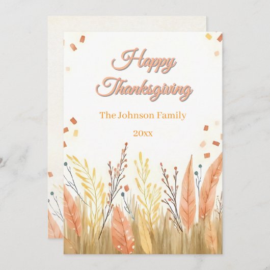 Watercolor Pampas Grass & Rustic Boho Thanksgiving シーズンカード (正面/裏面)