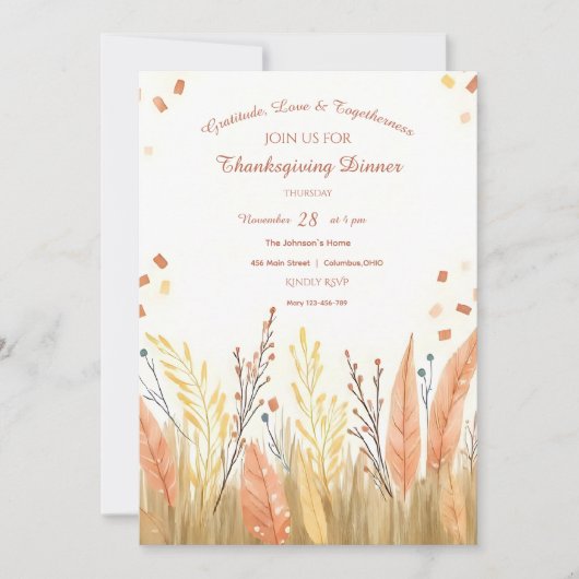 Watercolor Pampas Grass & Rustic Boho Thanksgiving 招待状 (正面)