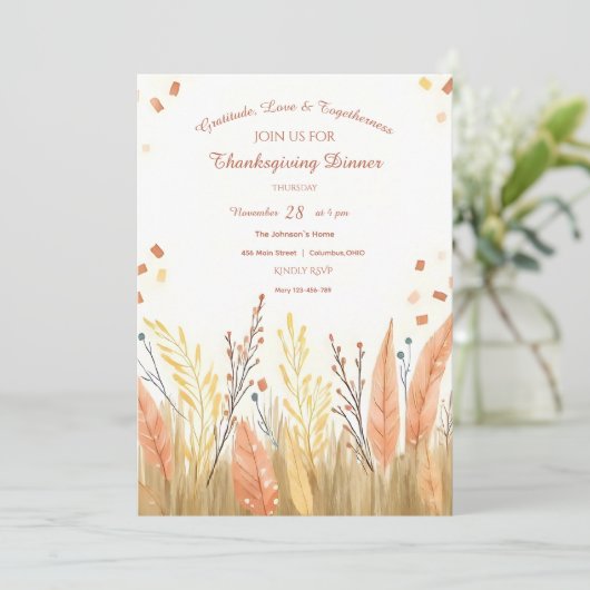 Watercolor Pampas Grass & Rustic Boho Thanksgiving 招待状 (スタンド正面)