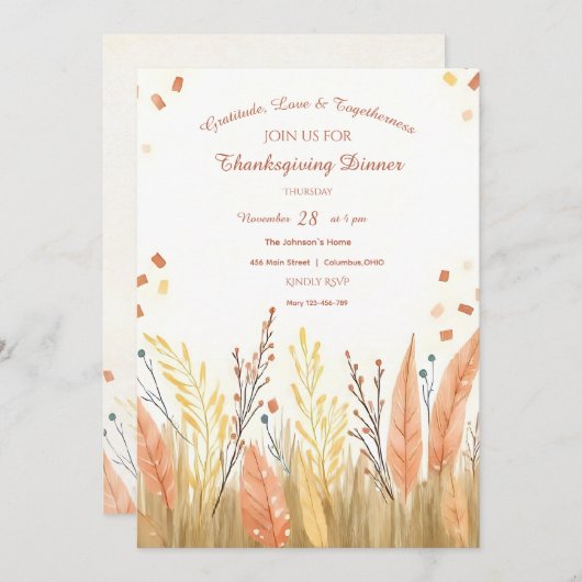 Watercolor Pampas Grass & Rustic Boho Thanksgiving 招待状 (正面/裏面)