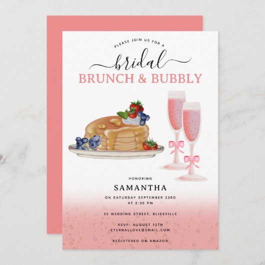 Watercolor Pancakes Brunch & Bubbly Bridal Shower 招待状 (正面/裏面)