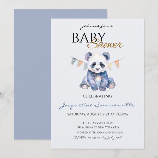 Watercolor Panda bear Baby Shower 招待状 (正面/裏面)