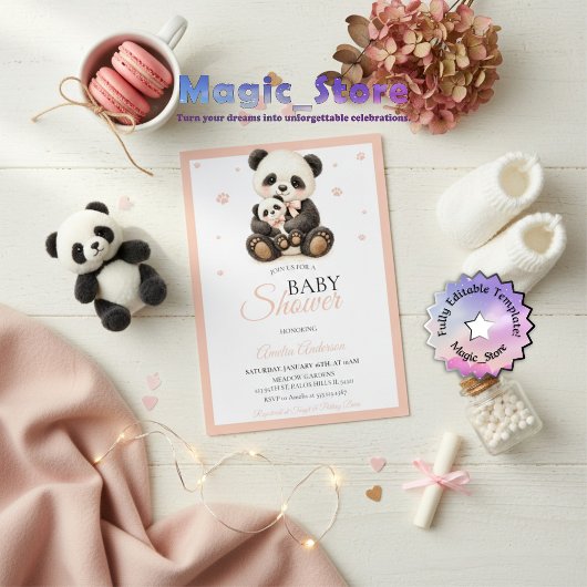 Watercolor Panda Bear Mommy Cub Pink Paws 招待状