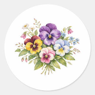 Watercolor Pansy Flowers Bouquet  ラウンドシール